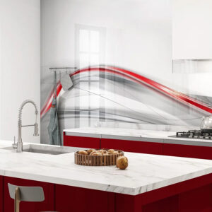 Modern abstract art printed glass kitchen wall panel by Prestiglass
