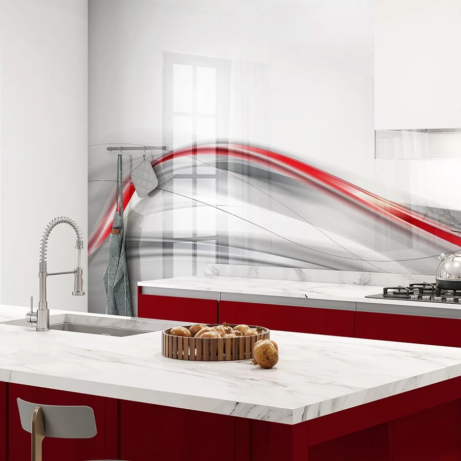 Modern abstract art printed glass kitchen wall panel by Prestiglass