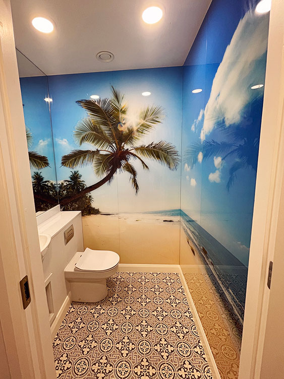 Tropical Beach Image Printed on Glass in Bathroom