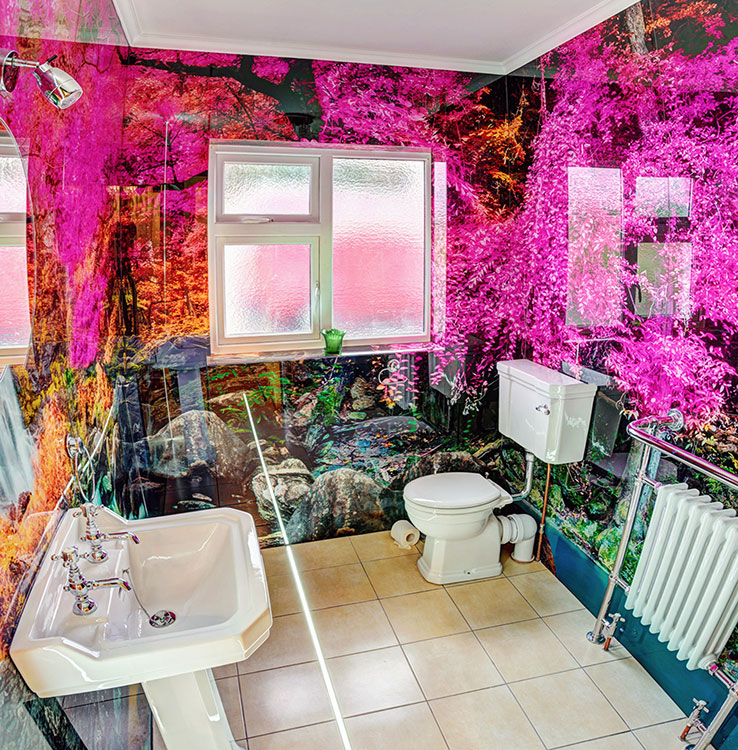 Full Bathroom with Colourful Printed Design Glass