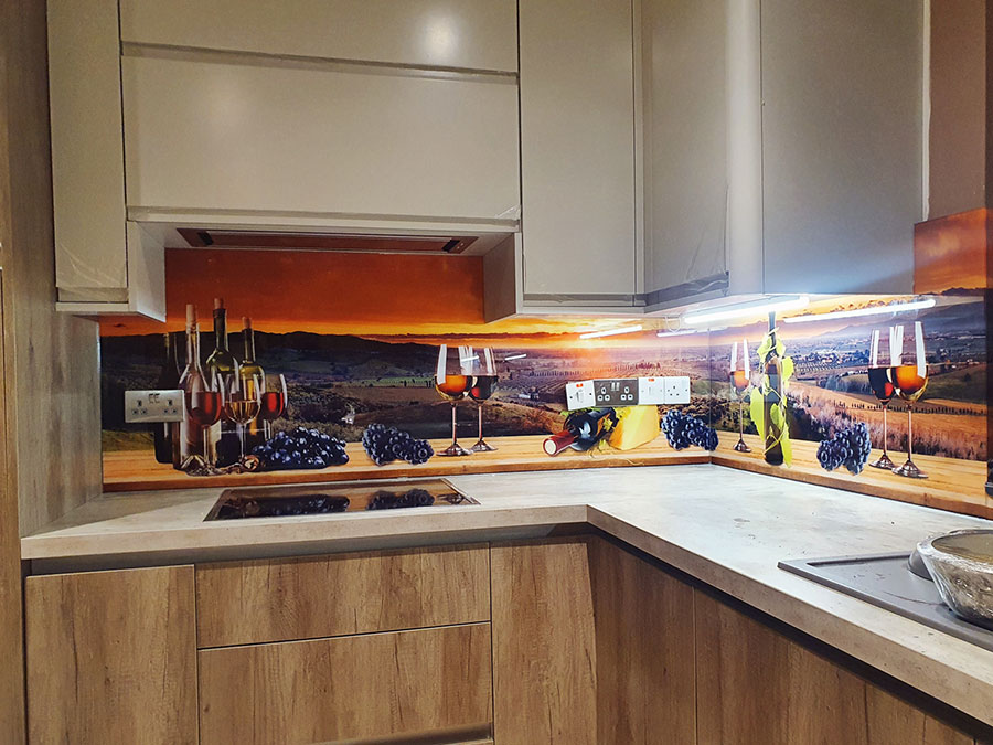 Wine Romantic Theme Printed Glass Splashback in kitchen. 3D Backsplash